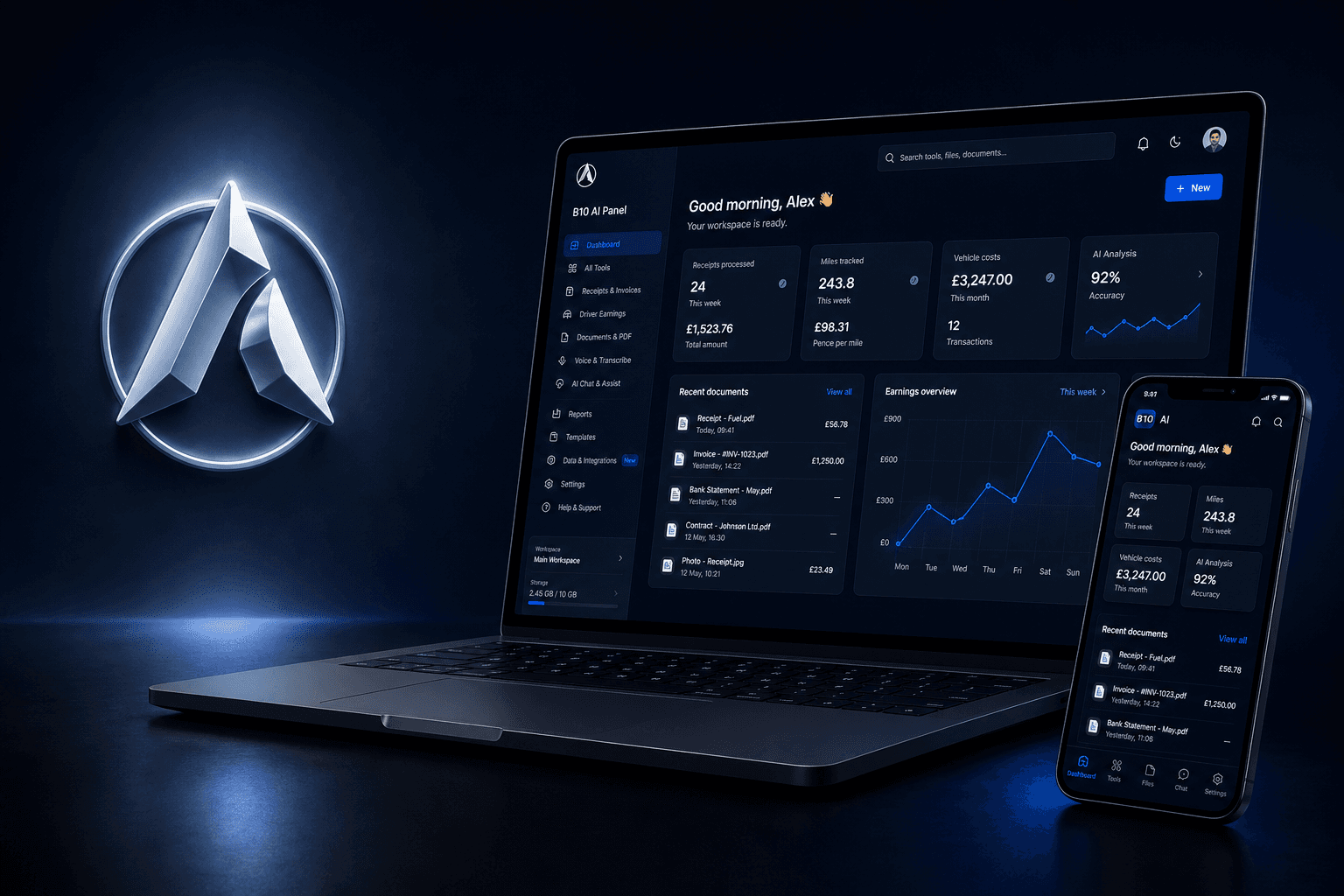 B10 AI Panel on laptop and mobile with the Autven emblem